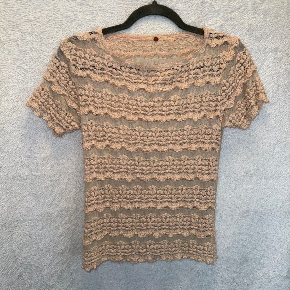 Free People FP One Pink Lace Ruffle Mesh Top Short Sleeve Boho Cottagecore XS